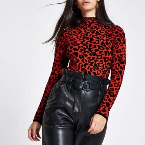 RIVER ISLAND Leopard Print Fine Knit Sweater T-Neck Top Sz M - Picture 1 of 12